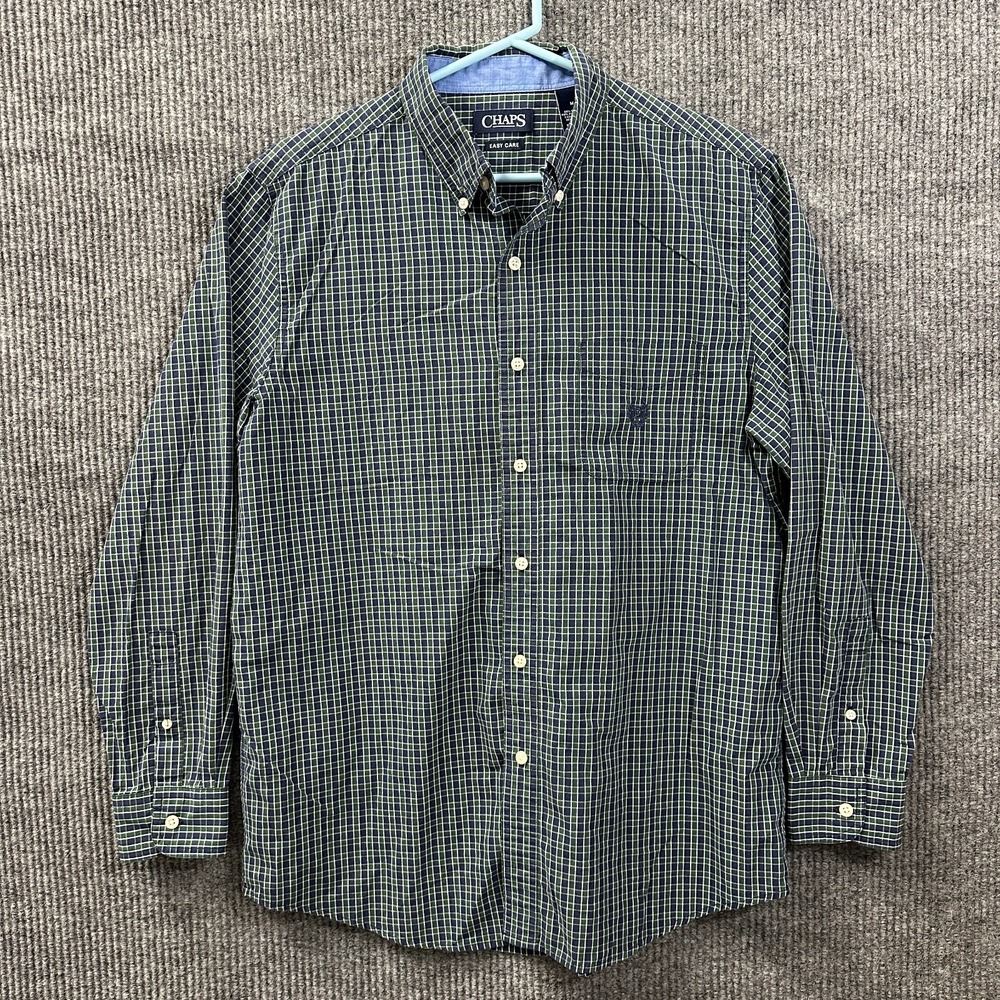 Chaps Mens Button Down Shirt Size M Blue Green Check Easy Care Long Sleeve‎